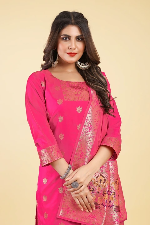 Hina Paithani Suits Fabric & Kurti 3 Pis Set Pink uploaded by Manasvi Enterprise on 5/13/2023