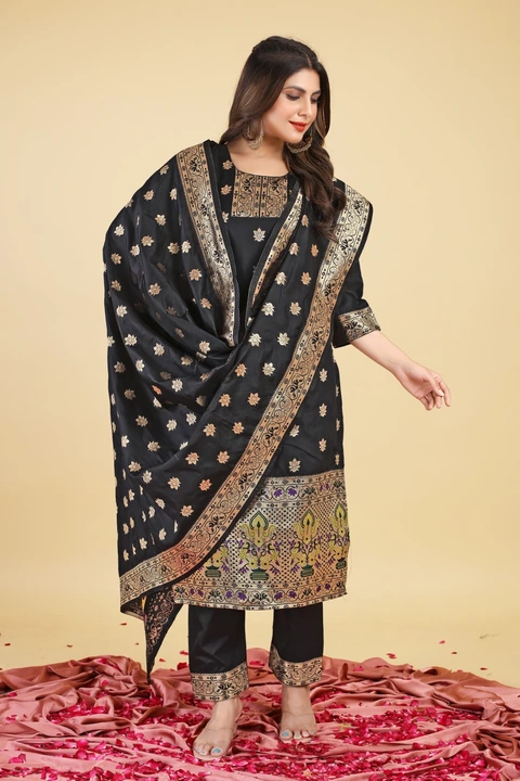 Hina Paithani Suits Fabric & Kurti 3 Pis Set Black uploaded by Manasvi Enterprise on 5/13/2023