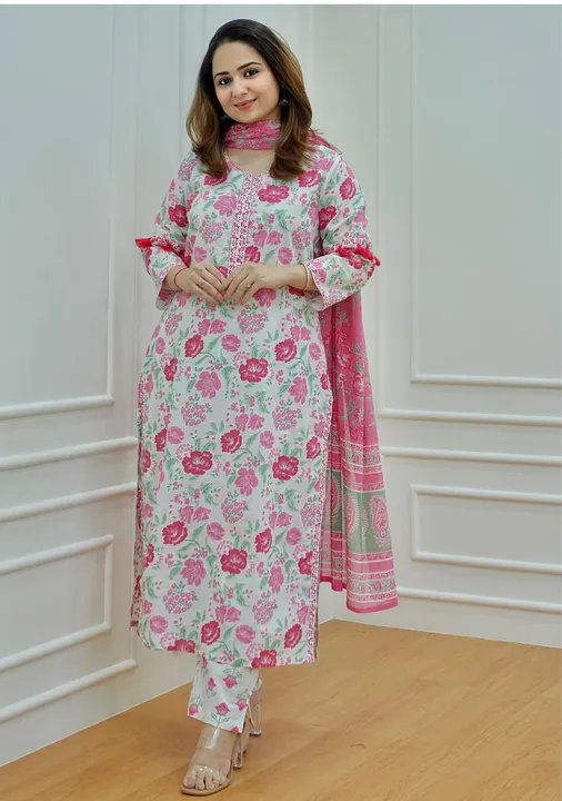 38 to 44 , proshin print cut 3pcs suit  set pant with cotton MALMAL duptta with work detailing .... uploaded by Online Ladies Dresses on 5/14/2023