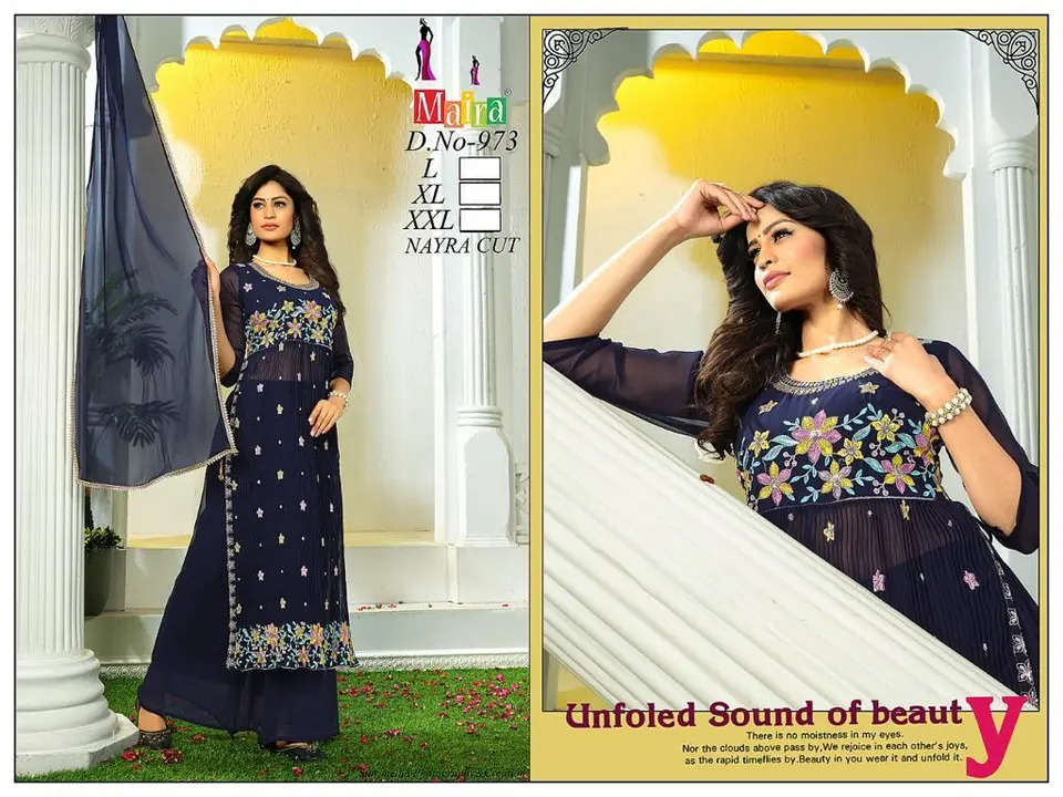 NAIRA CUT SUITS
PER DESIGN 4 COLOR SET
SIZE OPTION

RATE 1099/- uploaded by Roza Fabrics on 5/15/2023