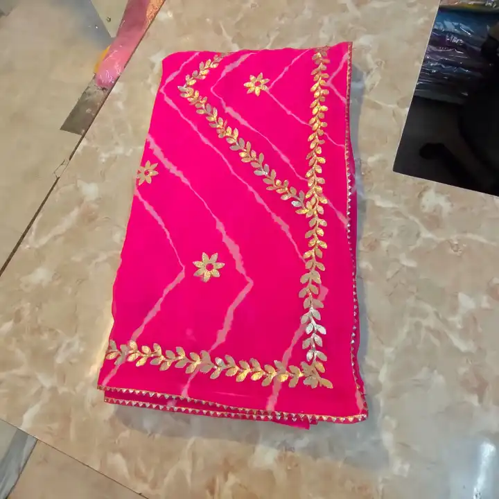 Today sale price 
60 gram jorjat lhariya saree 
With hend gottapatti work 
Witj blouse  uploaded by Gotapatti manufacturer on 5/15/2023