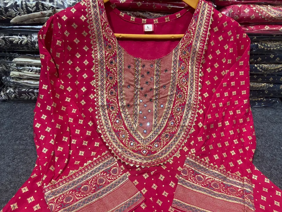 M/38,L/40,Rayon Fabric Gold Printed With Tubelight Hand Work On Yoke Anarkali Kurti Paired With Pant uploaded by Online Ladies Dresses on 5/16/2023