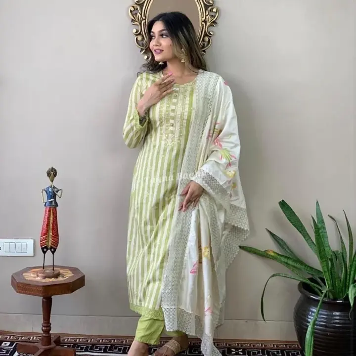 Beautiful striped cotton set with Embriodrary work detailing and hand painted duppata in these beaut uploaded by Mahipal Singh on 5/16/2023