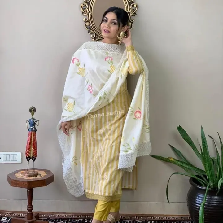 Beautiful striped cotton set with Embriodrary work detailing and hand painted duppata in these beaut uploaded by Mahipal Singh on 5/16/2023