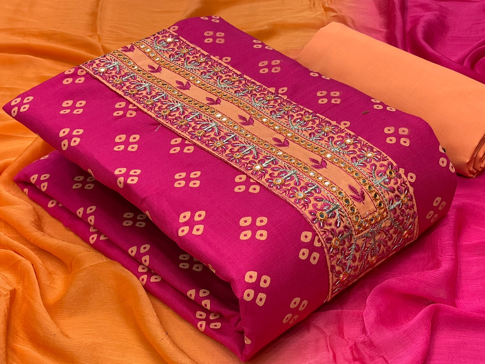 *TOP* COTTON JAIPURI PRINT PATCH WORK 

*BOTTOM* COTTON 

*DUPPATTA* CHIFFON SHADED

*TOP :- 2.50 Mt uploaded by Indrani exclusive on 5/16/2023