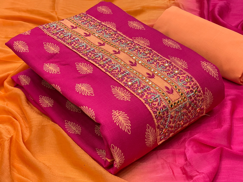 *TOP* COTTON JAIPURI PRINT PATCH WORK 

*BOTTOM* COTTON 

*DUPPATTA* CHIFFON SHADED

*TOP :- 2.50 Mt uploaded by Indrani exclusive on 5/16/2023
