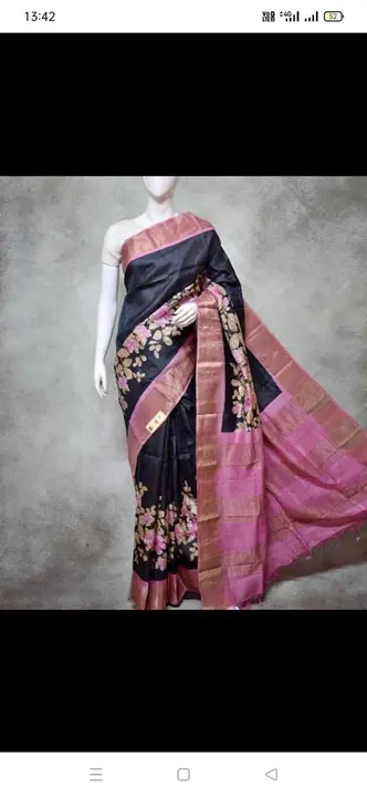 Handloom pure tussar giccha jari border block print silk saree  uploaded by Vina Handloom on 5/17/2023