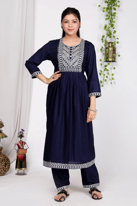 M to XXL, naira cut Kurti With pent Set with heavy embroidery work with rayon duppatta   *Kurti+pent uploaded by Online Ladies Dresses on 5/17/2023