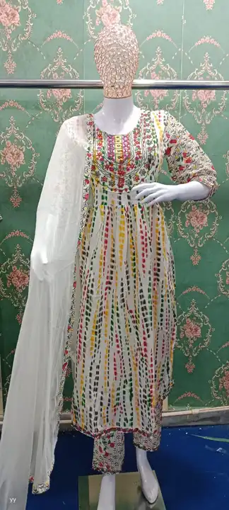 M/38 to XXL/44, Nayra Kali pattern kurti pant dupatta set with zari dori embroidery adda on yoke. Wi uploaded by Online Ladies Dresses on 5/17/2023