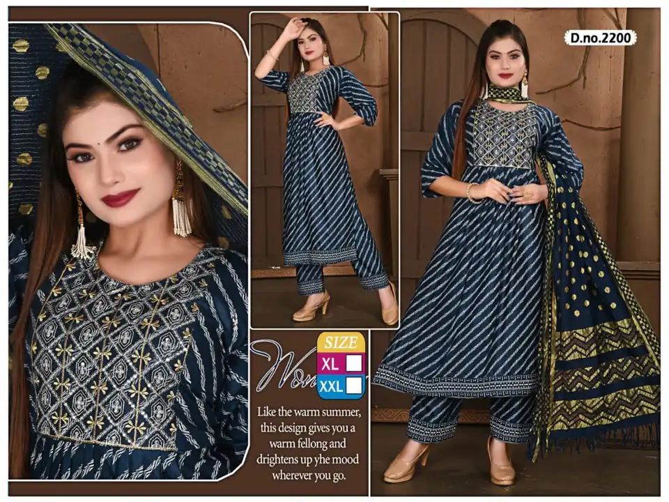 3 pcs nayra cut kurti with pant and dupatta sets heavy fancy work designer embroidery printed uploaded by Radha Creation , Maira sales for Readymade items on 5/17/2023