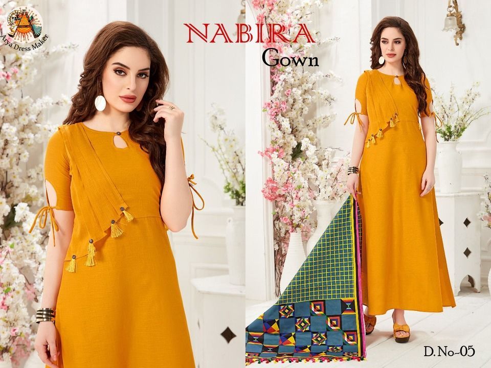 Post image # NABIRA GOWN #
=================
-:- Gown details
-:- design -6
-:- fabric - slub cotton
-:- size - M, L, xl, xxl.
-:- Length - 54"
-:- Dupatta details
-:- digital print
-:- fabric Chanderi cotton
-:- Size - 2.25mt
Shipping charges extra 
Cash on delivery not available