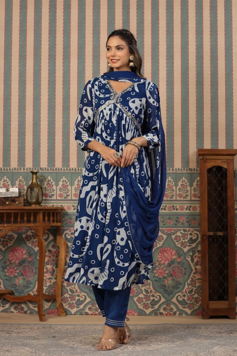 Chinnon fabric  aliya cut in nyra kurti with paired pent with shiffon duppatta 
38 40 42 44  uploaded by business on 5/17/2023