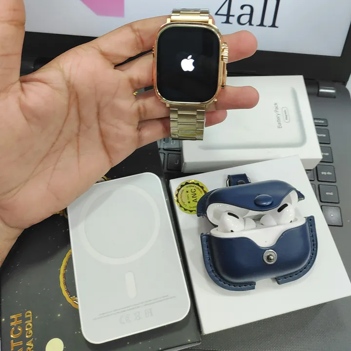 Post image ⚠️New Launch Alert 🚨

*Apple 4 In 1 Combo Pack*

1️⃣Apple Watch Ultra Dubai (Gold) Edition 
2️⃣Apple Magsafe Battery Pack
3️⃣Apple Airpods Pro USA 
4️⃣ Premium Leather Case For Airpod


1️⃣Apple Watch Ultra Dubai (Gold) Edition :-

1. New ULTRA Design
2. QA FIT Mobile App
3. sports Track Feature
4. 3 Button works
5. 9 Menu Style
6. 1000+ Watch Faces
7. Own Customize Wallpaper Feature
8. Calling Feature
9. Dial Pad , Contact Book , Call Logs
10. Message Notification
11. Perimeter
12. Sleep Tracking , Sedentary
13. Bluetooth Camera
14. Play Music
15. Find Phone
16. Alarm Clock
17. 24+ Languages Support
18. Heart Rate , Blood pressure , Blood Oxygen measure ( Not Accurate)
19. Weather Information
20. Stopwatch, Calculater
21. Google Assistance &amp; Siri
22. Social media message notification
23. Battery Backup up To 3 Days
24. Always On Display
25. Wireless Charging 
26. Steel Chain Strap
27. Real Back Screws
28. Real Strap Lock Button 
29. Original Nutral Packing
30. Apple Logo While Switch on/off Same as Original
31. Ip67 Waterproof
32. Gps Working 


2️⃣Apple Magsafe Battery Pack

1. Wireless Magnetic Charger
2. 5000 Mah Battery Capacity
3. Smooth Transaction
4. Reverse Charging System
5. Support on all phones that have wireless Charging Feature


3️⃣Apple Airpods Pro USA 

1. SiRi Activation 
2. Built Quality much more improve
3. Airoha 1562A Final version chip
4. 10D Super Bass &amp; Improve HD MIC Quality &amp; Excellent sound 
5. Wireless fast charging supported
6. Rename function 
7. GPS positioning function
8. Automatic Ear detection function
9. Music Time up to 12 hours 
10. 3-4 Time charging from the case total backup 48+ hours approximately
11. Support For iOS &amp; Android 
12. 12 Meters Bluetooth Range (5.1)


4️⃣ Premium Leather Case For Airpod

1. Made By High Quality Leather Case 
2. With Metal Clip / Hanger 
3. Worth Rs. 399/-