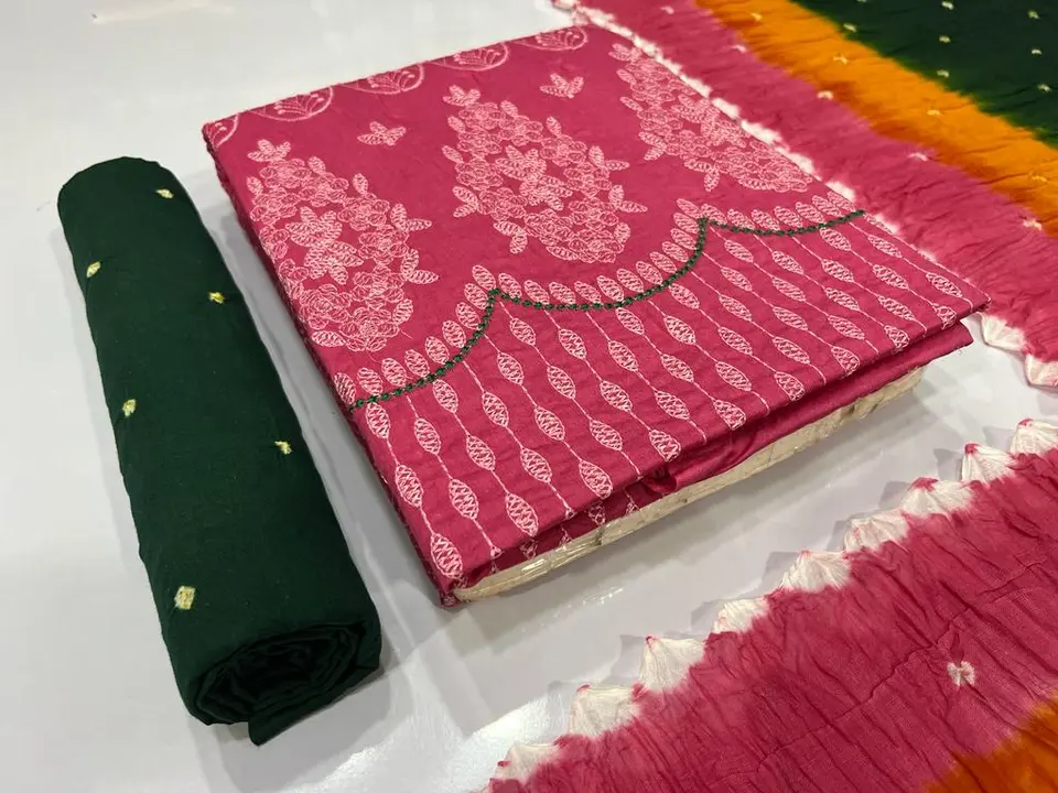Post image 💕 *SATIN FANCY LAKHNOWI WORK SUIT WITH 2.50mtr Bottom &amp; 3tone bandhej with dyeing dupatta* 💕

Fabric:- *SATIN COTTON*

*Design Available* : * 1*

*TOP :-* 2.50MTRS

*BOTTOM :-* 2.50mtrs 
Full bandhej

*DUPATTA :-* 2.25MTRS
(Cotton Aiging Bandhej with 3 tone dyeing)

*5 beautiful COLORS*

💸 Net Rate  :-  *770/-*

*INQUIRY BEFORE ORDER*