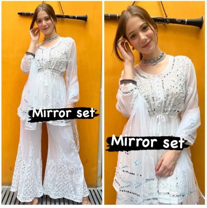 Lucknowi mirror work short gown set with garara uploaded by Richest Fashion on 5/18/2023