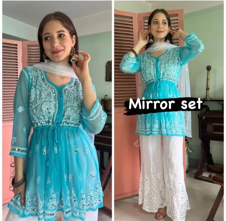 Lucknowi mirror work short gown set with garara uploaded by Richest Fashion on 5/18/2023
