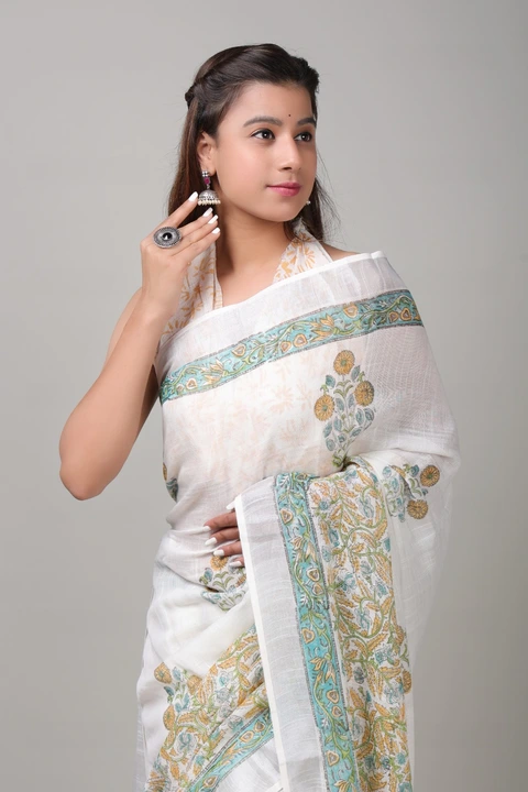 Linen collection 👌🏻
.... *Hand* block printed linen saree uploaded by business on 5/18/2023