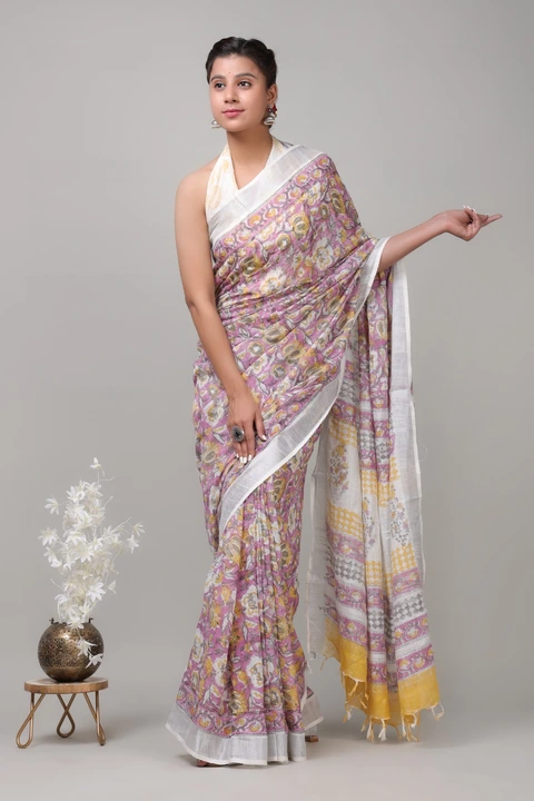 Linen collection 👌🏻
.... *Hand* block printed linen saree uploaded by business on 5/18/2023