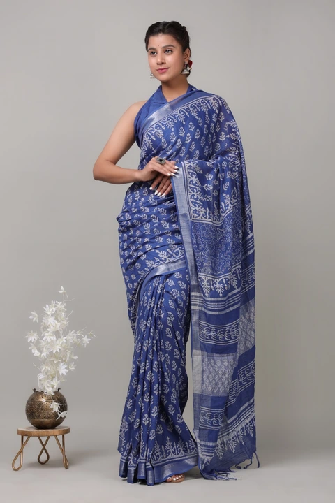 Linen collection 👌🏻
.... *Hand* block printed linen saree uploaded by Shree Hand Printed Industries on 5/18/2023