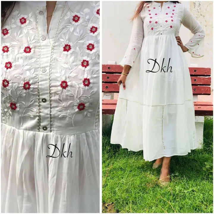*White Full flair Bell salves Gown in soft Reyon in Tier pattern with mulmul lining*

*With gotta la uploaded by JAIPURI FASHION HUB on 5/18/2023