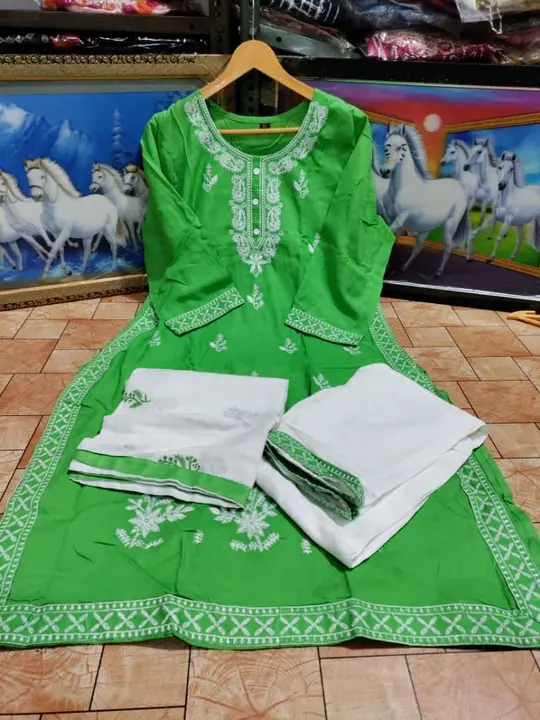 M/38 to XXL/44, REYON fabric Kurti with heavy embroidery on kurti and mulmul duppatta Pant and mumul uploaded by Online Ladies Dresses on 5/19/2023