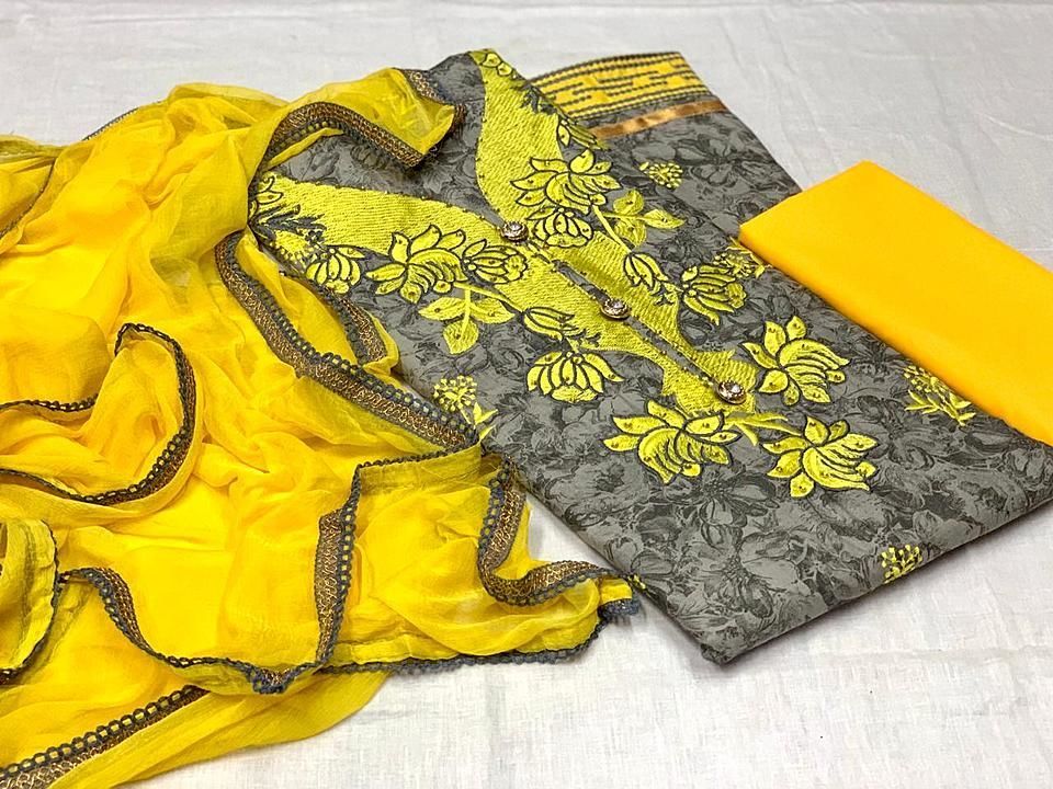 Post image 🥳🥳(GT code-814)🥳🥳
Top -Pc Cotton Flower 💐 Printed with Heavy Stittched Embroidey Work And Daman Embroidey Lece with Hand Dimond Work 
Top cut front .75 / Back.1.05 Mtr
🥳🥳🥳🥳🥳🥳🥳
Dupatta - Best Quality Nezneen siffon With Hand Daiyeing Singal Colors and Zari with thread Lece Broder Jens Stittched All product Dupatta Cut 2.10Mtr ...

Bottom - Best Heavy Quality soft 
Indo Cotton Ton to ton Meching Bottom color Bottom Cut 2.mtr..
Rs - https://wa.me/918780328289
👉🏼Good Quality