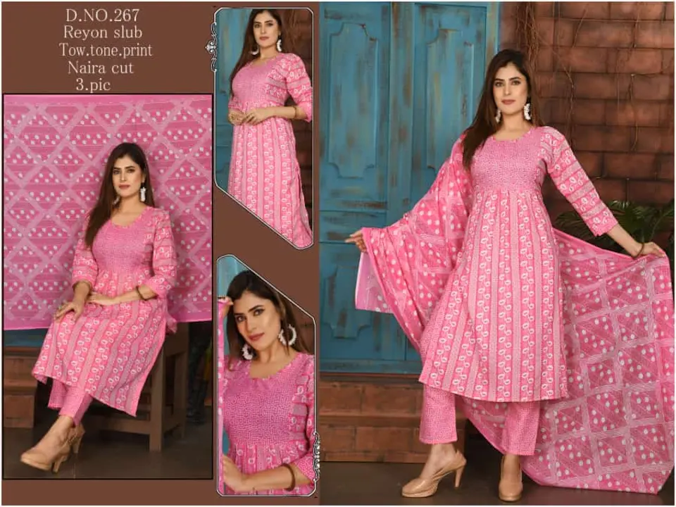 3 pcs Dupatta sets kurti with pant sets printed fancy work embroidey nayra set All readymate items m uploaded by Radha Creation , Maira sales for Readymade items on 5/21/2023