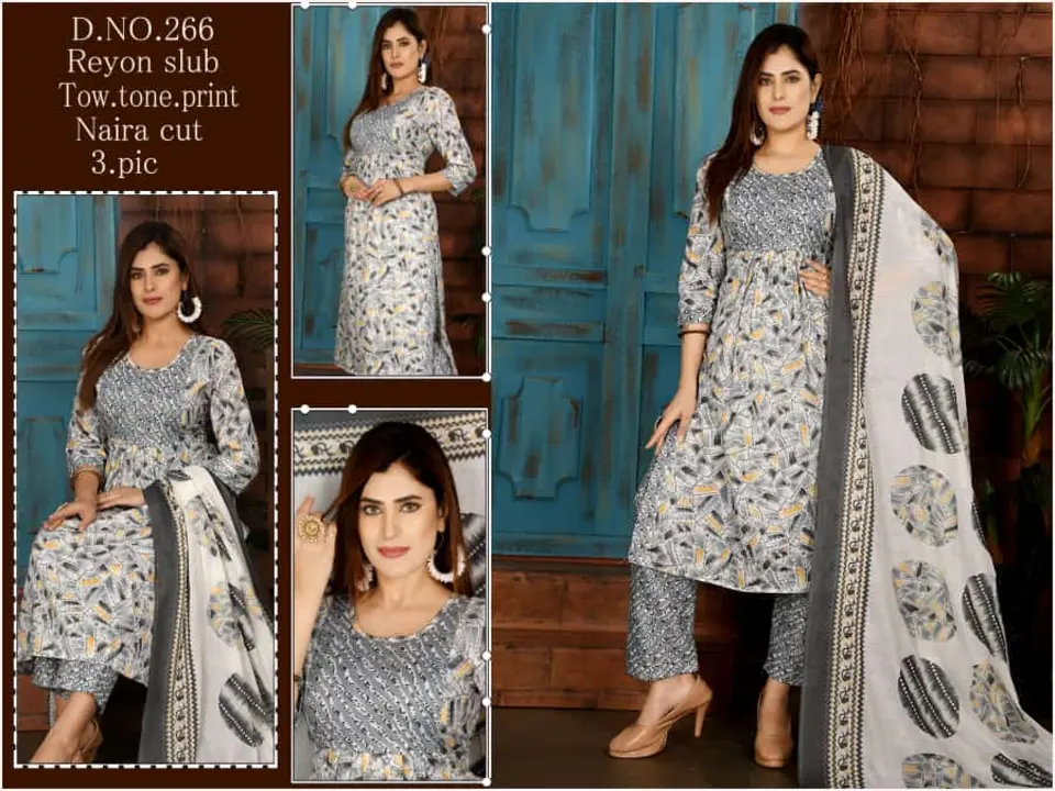 3 pcs Dupatta sets kurti with pant sets printed fancy work embroidey nayra set All readymate items m uploaded by Radha Creation , Maira sales for Readymade items on 5/21/2023