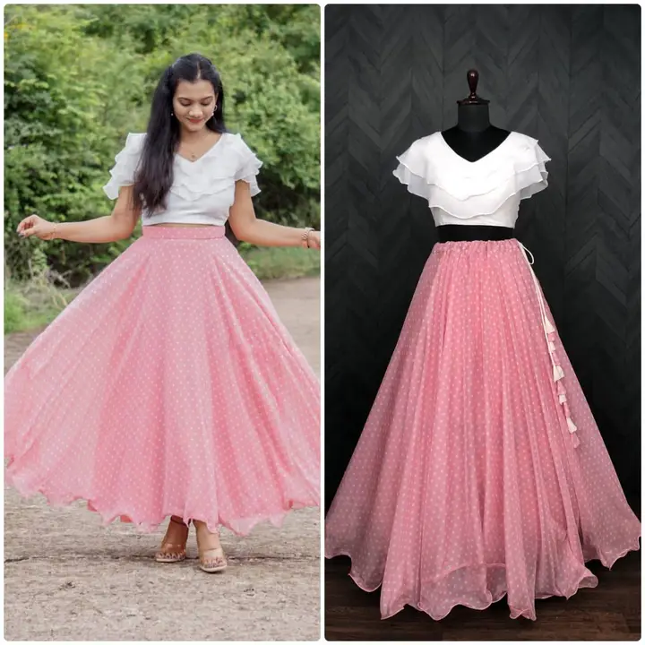 Post image Contemporary and modern usage lehenga choli is the more popular and widely accepted term by fashion designers, trend setters*
*Lehenga is With Faux Georgette With Rich-Print and stitch with Wire-Picco-Work gives flaired functioned look With Readymade Faux Georgette .

💃 *Lehenga:-* (Full-Stitched)👇🏻
👉🏿 *Fabric &amp; Work:-* Faux Georgette With Rich Polka-Dot Digital Print
👉🏿 *Length :-* 42''
👉🏿 *Waist  :-* 42''
👉🏿 *Stitching Type :-* Wire-Picco Work
👉🏿 *Inner:-* Cotton
👉🏿 *Flair  :-* 5 Mtr
👉🏿 *Closure :-* Zip Attached &amp; With Dori Latkan

    *Blouse:-* (Full-stitched)👇🏻
👉🏿 *Fabric :-* Faux Georgette
👉🏿 *Pattern:-* Frill Pattern
👉🏿 *Size:-* 38 Size Stitched (User Can Alter From 38''-44'')

*Dupatta :-* No

*Colour :-* 2