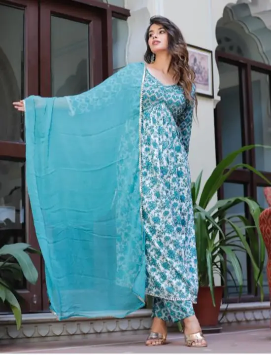 *new 3 piece anarkali digines  (kurti+pant+dupatta) beautiful alia cut  reyon fabric with embroidery uploaded by Ganpati collection on 5/23/2023