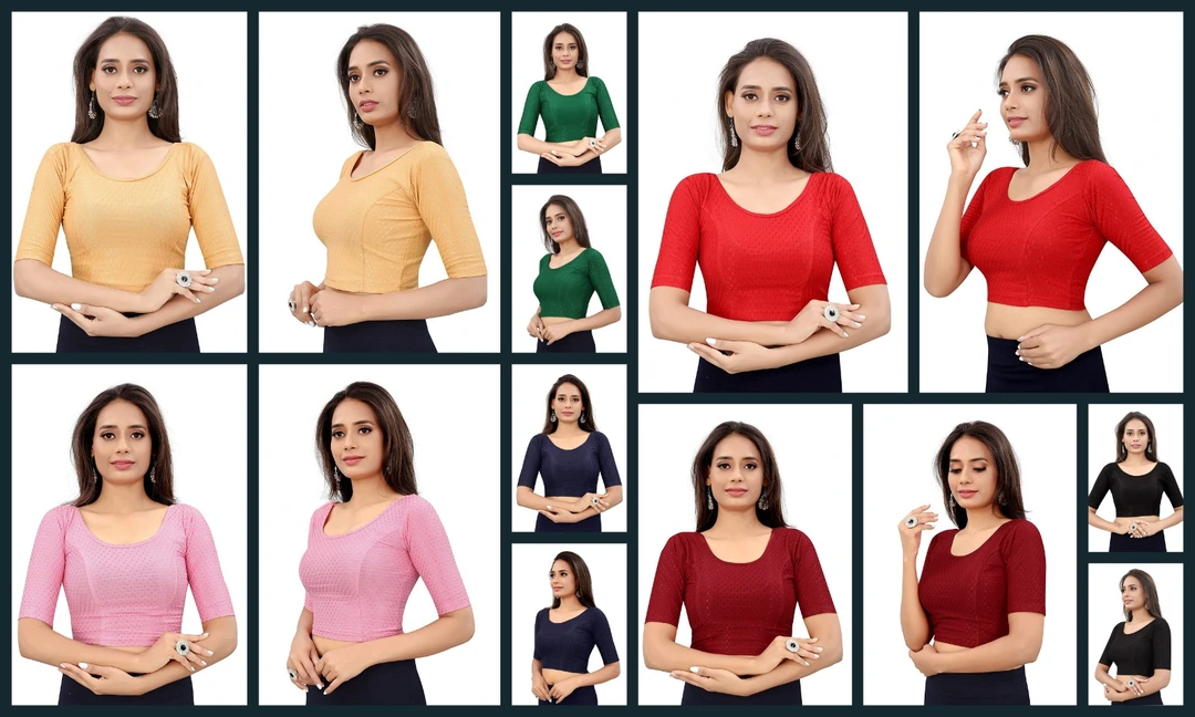 Round Neck dobbyCotton Lycra Stretchable Elbow Sleeve Readymade Blouse for Women uploaded by 1 Place For All Fashion  on 5/23/2023