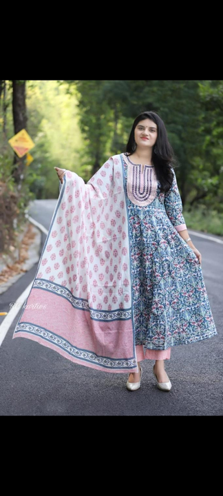 Post image *New arrival 💓💓*

Look straight out of a dreamy movie set as  you turn around and walk in this elegant flaired suit ! The perfect of traditional wear 

🦋🦋🦋🦋🦋🦋🦋🦋

_New anarkali kurta set with new style in saganeri block  print_

*Size available*- *38(M),40(L),42(XL)*
*44(XXL),46(XXXL)*

 *Material* - cotton

*Work* Embroidery  work  detailing  

Kurti length - 48-50 inches
Pant length - 39 inches
Dupatta length- 2.10meter 
Sleeves - 3/4 sleeve 

 *Price -  1450