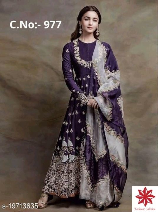 Post image Price- 1790
Miss Ethnik Women's Purple Faux Georgette Semistitched Top with Unstitched Santoon Bottom and Faux Georgette Dupatta Embroidered Anarkali Gown Dress Material
Top Fabric: Georgette
Lining Fabric: Shantoon
Bottom Fabric: Shantoon
Dupatta Fabric: Georgette
Pattern: Embroidered
Multipack: Single
Sizes: 
Semi Stitched (Top Bust Size: Up To 48 in, Top Length Size: 58 in, Bottom Length Size: 2 m, Dupatta Length Size: 2.15 m)
