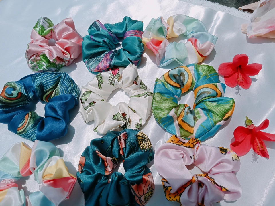 Printed satin scrunchies. Pack of 12 pcs. uploaded by Krishna hair accessories on 5/23/2023