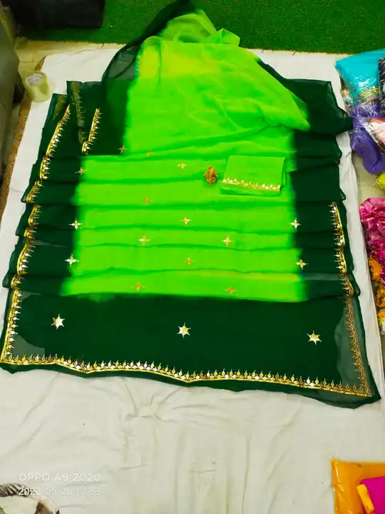*🛍️🛒New Launch🛒🛍️*
👉🏻pure Najmeen chiffon saree
👉🏻 Jaipuri multi  Dye 🌹
👉🏻 Contrast Blous uploaded by Gotapatti manufacturer on 5/25/2023