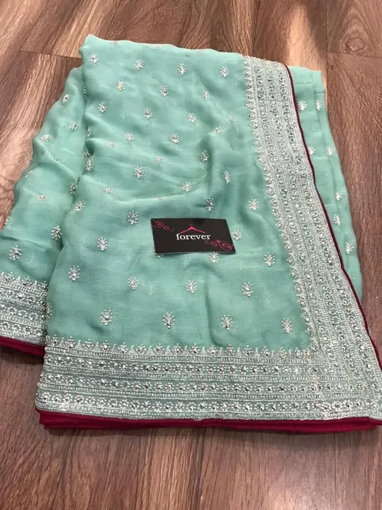 Pure chinnon chiffon sarees with all over embroidery and contrast blouse uploaded by Rajershi Store on 5/25/2023