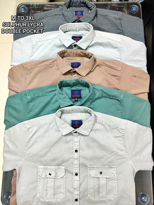 MEN'S DOUBLE POCKET SULPHUR LYCRA SHIRTS FOR WHOLESALE BY HARITHWEAR  uploaded by Siddhi Garments on 5/25/2023
