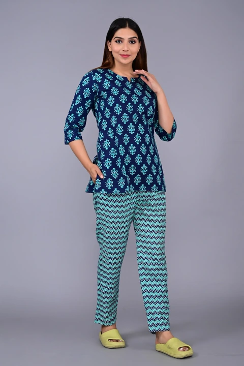Cotton printed night suit 
Size: M,L,XL,XXL
Top length: 26inch
Fabric: Cotton
Pant length: 38inch
 uploaded by Ganpati handicrafts  on 5/10/2024