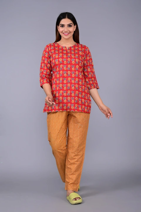 Cotton printed night suit 
Size: M,L,XL,XXL
Top length: 26inch
Fabric: Cotton
Pant length: 38inch
 uploaded by Ganpati handicrafts  on 5/25/2023