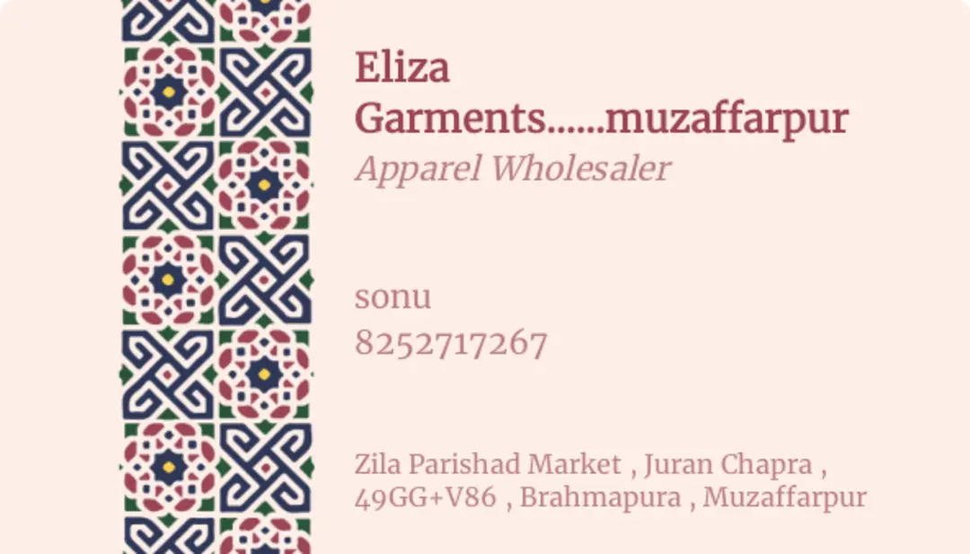 Visiting card store images of Eliza garments