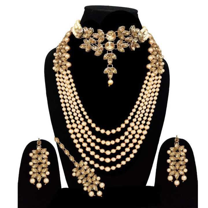 Golden Long Necklace, choker, Tika and Earing combo uploaded by Amias jewels on 3/11/2021