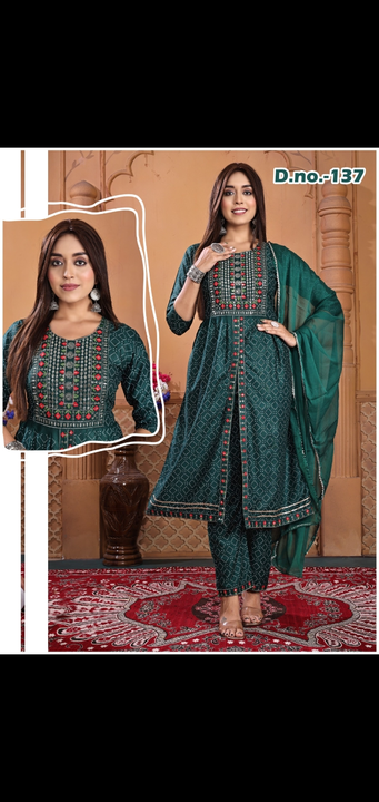 3 pcs new style kurti with pant with dupatta sets fancy party wear ladies 3 pca pant sets  uploaded by Radha Creation , Maira sales for Readymade items on 5/27/2023