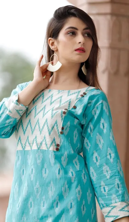 M to XXL, Ikkat Printed Cotton flex kurti With Plazzo And highlighted with side buttons.* uploaded by Online Ladies Dresses on 5/28/2023