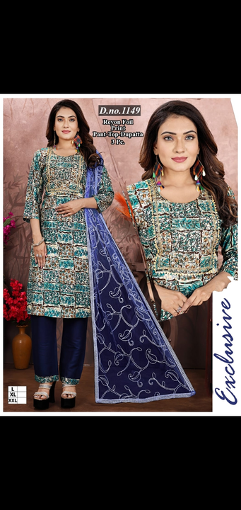 3 pcs dupatta sets fancy work designer heavy pant with kurti and dupatta sets  uploaded by Radha Creation , Maira sales for Readymade items on 5/28/2023