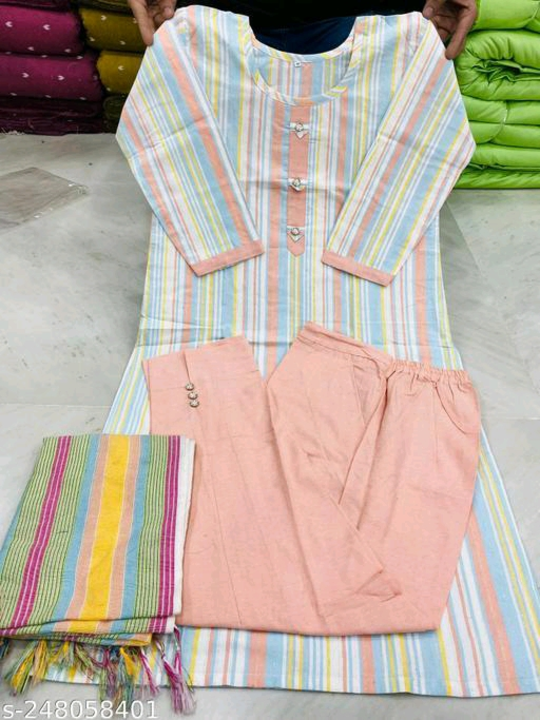 Multi Colour + lining frill design Women Cotton Kurtis Pant Dupatta Set
Name: Multi Colour + lining  uploaded by business on 5/28/2023