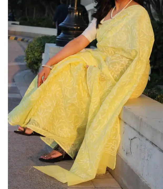 Fancy Chikankari cotton kota saree with out blouse piece. uploaded by LUCKNOW CHIKANKARI BAZAR on 5/29/2023