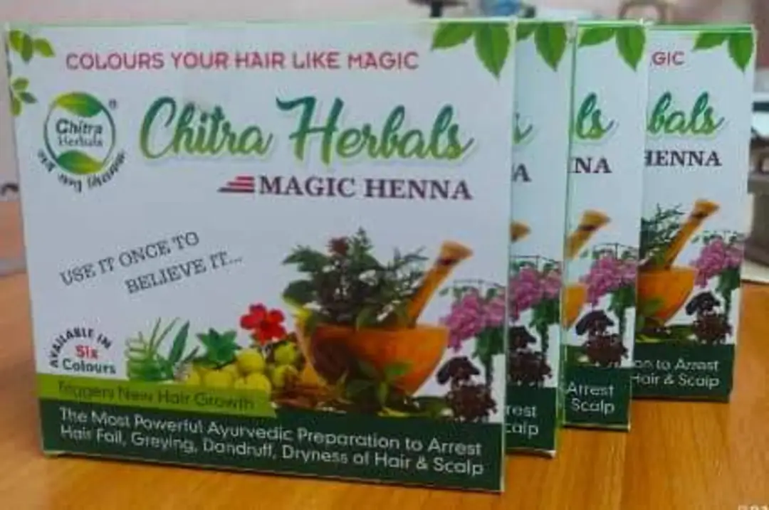 Post image Chitra Herbals Magic Henna is mild Haircare product which is over 98% pure herbs &amp; less than 2% organic colouring agent. It colours your hair in rich vibrant shades Like Magic while giving volume, shine &amp; bounce. It also triggers new hair growth &amp; also repairs the damage done by previous use of chemical based hair colours. This mild herbal concoction colours your hair in rich vibrant Shades while giving Shine Volume Bounce &amp; weight to your hair.