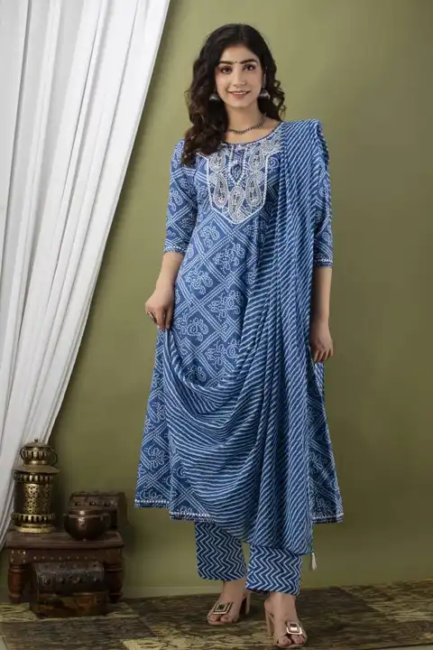 Post image Fabric: Cotton Cambric Kurti with Pant and Full-Size Malmal Dupatta
Sizes: 38 – 46
Pattern: Embroidery
Sleeve: 3/4th sleeve
No. of Designs: 2
Work: Heavy Embroidery on front and Sleeves and All along the Flair