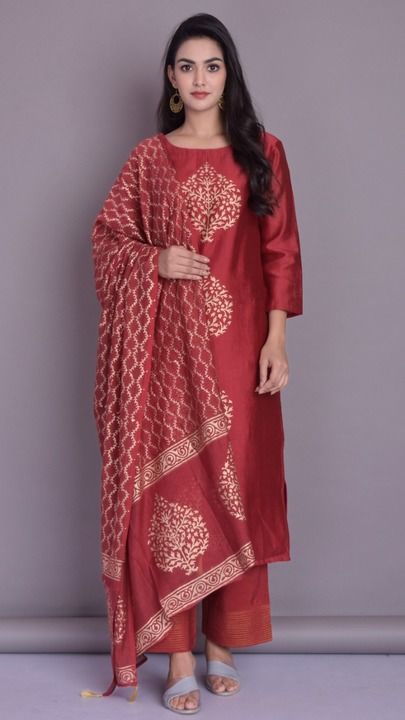 Pure silk chanderi suit with gold hand block  uploaded by business on 3/12/2021