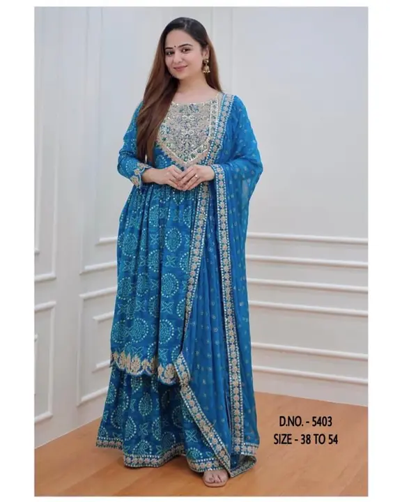 Royal Blue Bandhej Branded Heavy Mebrpdiery Work Kurta, Sharara And Dupatta Set.  uploaded by business on 5/30/2023